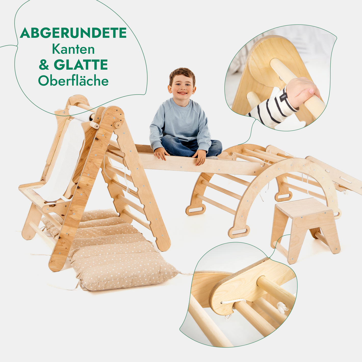 7 in 1 Montessori Klettergerüst Set: Kletterdreieck, Kletterbogen, Rutsche, Maltafel, Kinderstuhl etc.