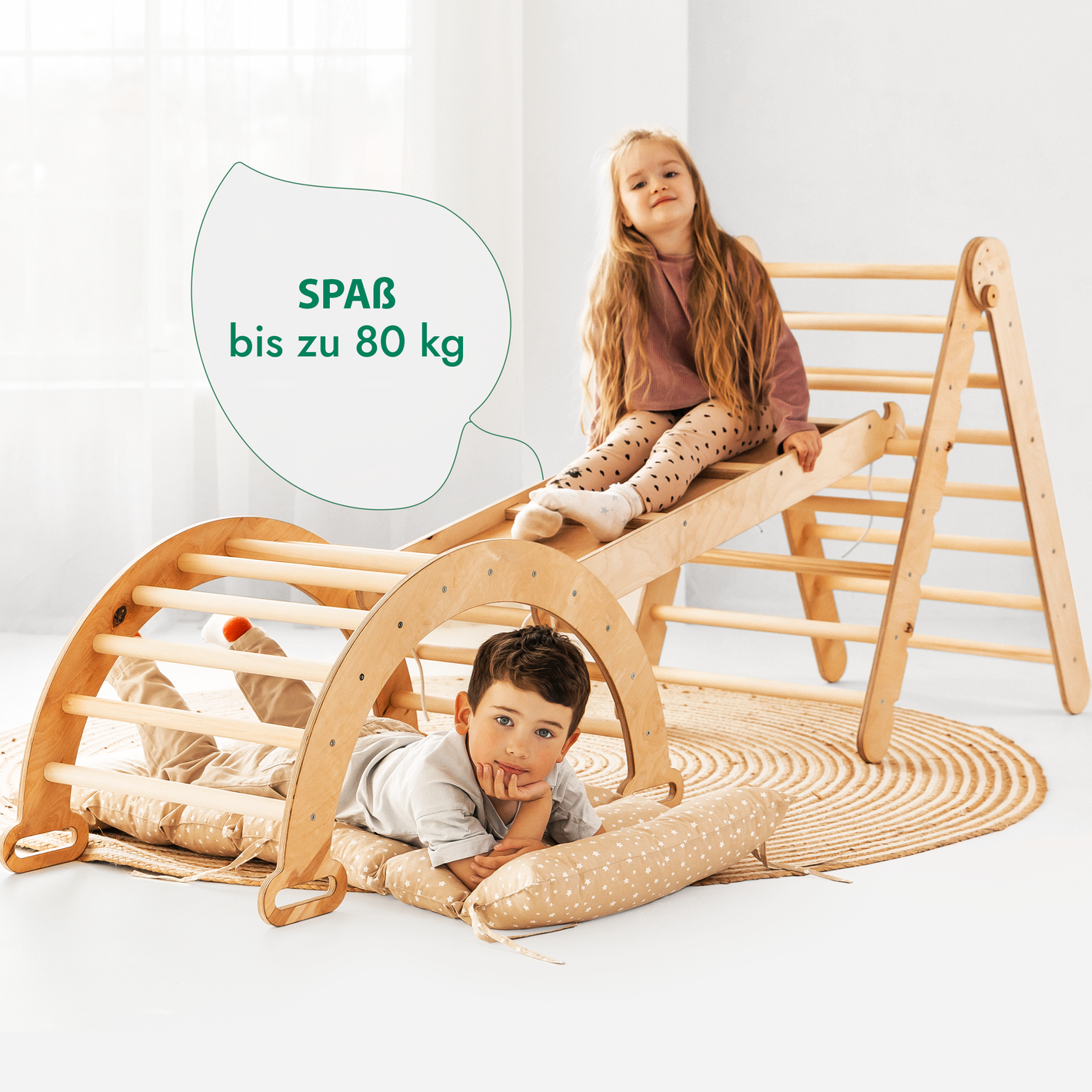 4 in 1 Montessori Klettergerüst Set: Kletterdreieck mit Rutsche, Kletterbogen mit Kissen