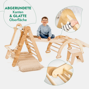 7 in 1 Montessori Klettergerüst Set: Kletterdreieck, Kletterbogen, Rutsche, Maltafel, Kinderstuhl etc.