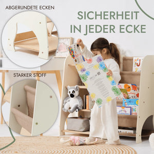 Kind liest vor 2-in-1 Montessori Regal aus Holz, Bücher und Spielzeug, abgerundete Ecken, starker Stoff, verysuperb