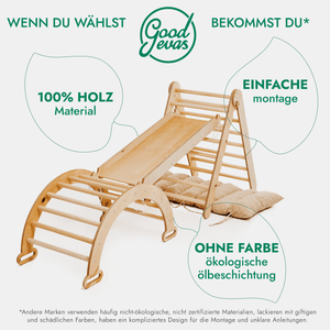 4 in 1 Montessori Klettergerüst Set: Kletterdreieck mit Rutsche, Kletterbogen mit Kissen