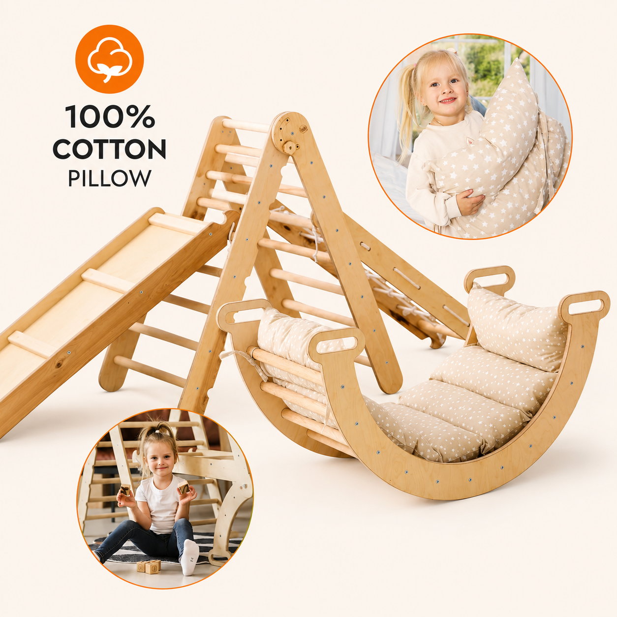 5in1 Montessori Klettergerüst Set – Dreieck, Rutsche, Bogen Netz inkl. Kissen Goodevas