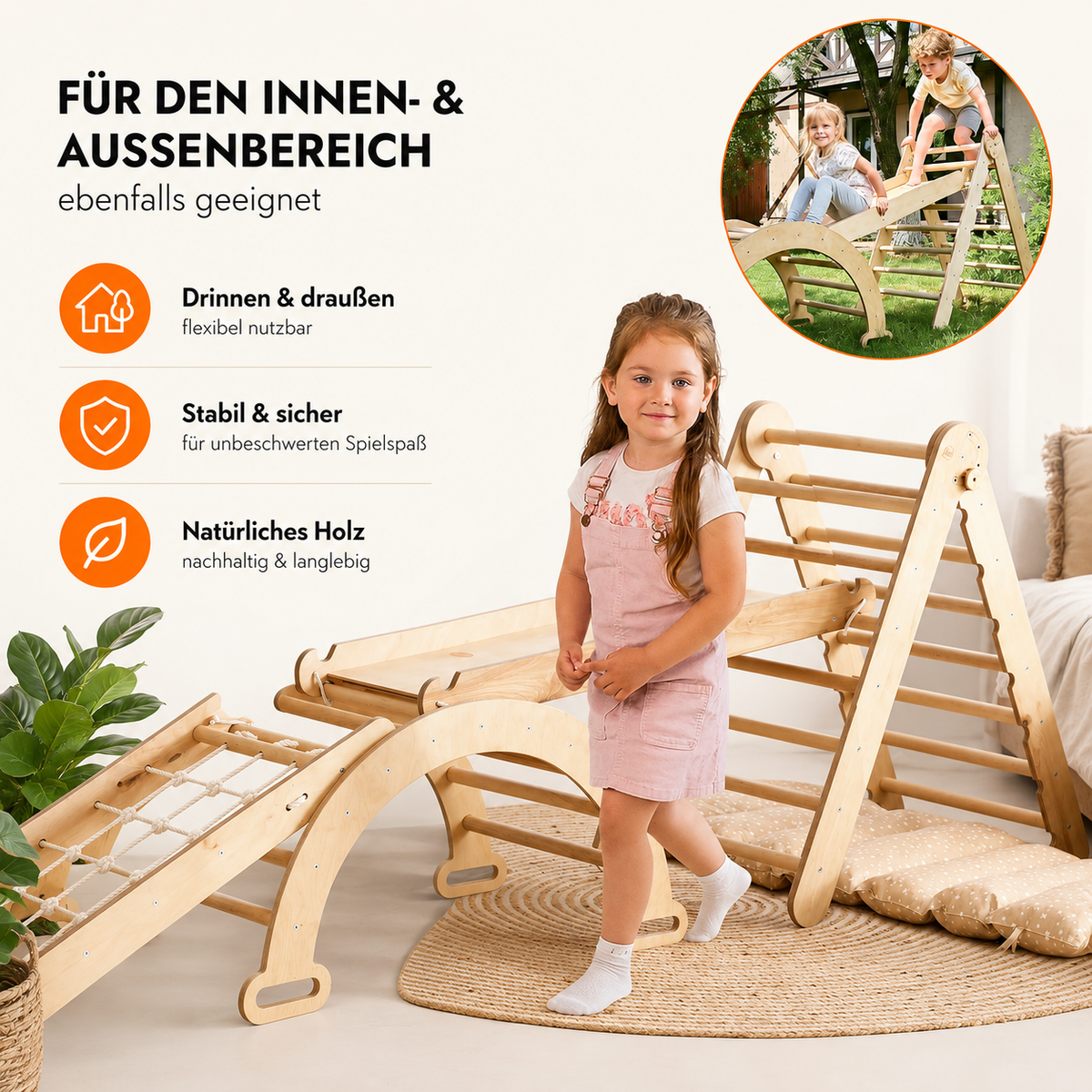 5in1 Montessori Klettergerüst Set – Dreieck, Rutsche, Bogen & Netz inkl. Kissen | Goodevas