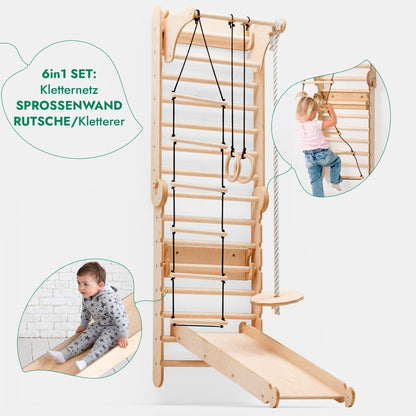 6 in 1 Kletterwand Indoor: Sprossenwand, Schaukel, Rutsche und mehr