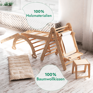 7 in 1 Montessori Klettergerüst Set: Kletterdreieck, Kletterbogen, Rutsche, Maltafel, Kinderstuhl etc.