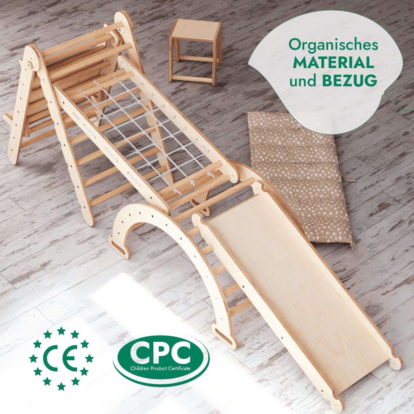 7 in 1 Montessori Klettergerüst Set: Kletterdreieck, Kletterbogen, Rutsche, Maltafel, Kinderstuhl etc.