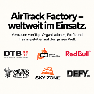AirTrack Factory Referenzen mit Logos von Deutschem Turner-Bund, Dutch Gymnastics, Red Bull, Circus Trix, Sky Zone und DEFY