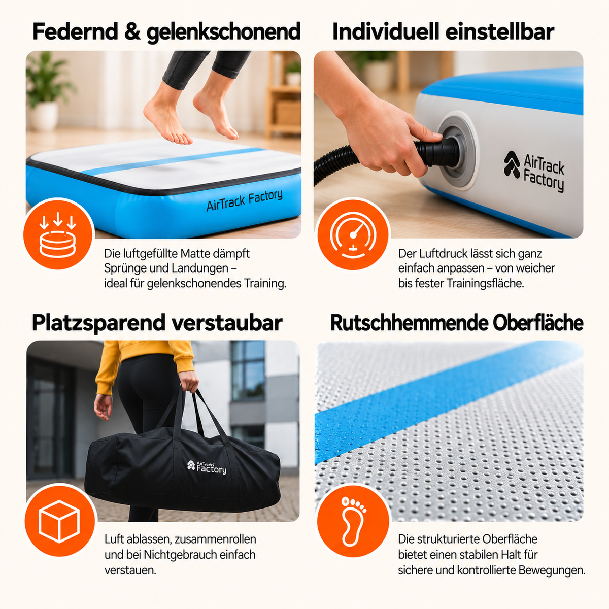 AirTrack Factory aufblasbare Turnmatte mit federnder Dämpfung, einstellbarem Luftdruck, Transporttasche und rutschhemmender Oberfläche