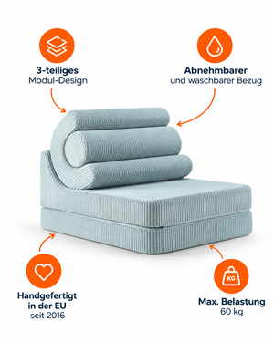 Kinder 2in1 Sessel & Bett Flipster aus Premium Breitcord | Wigiwama