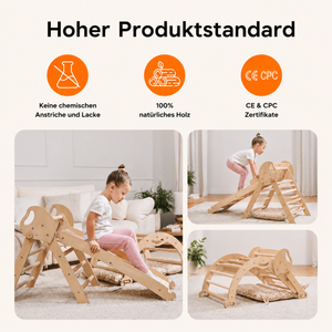 Montessori 4in1 Kletterdreieck Baby Set – Pikler-Dreieck mit Bogen, Rutsche & Kissen | Goodevas
