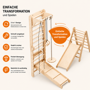 Montessori 6in1 Kletterwand Indoor – Sprossenwand mit Schaukel & Rutsche | Goodevas