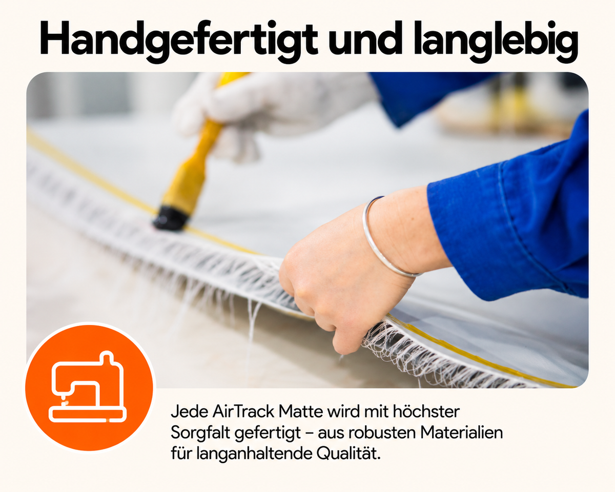Handgefertigte AirTrack Factory Turnmatte – Detailaufnahme der sorgfältigen Verarbeitung und robusten Materialien