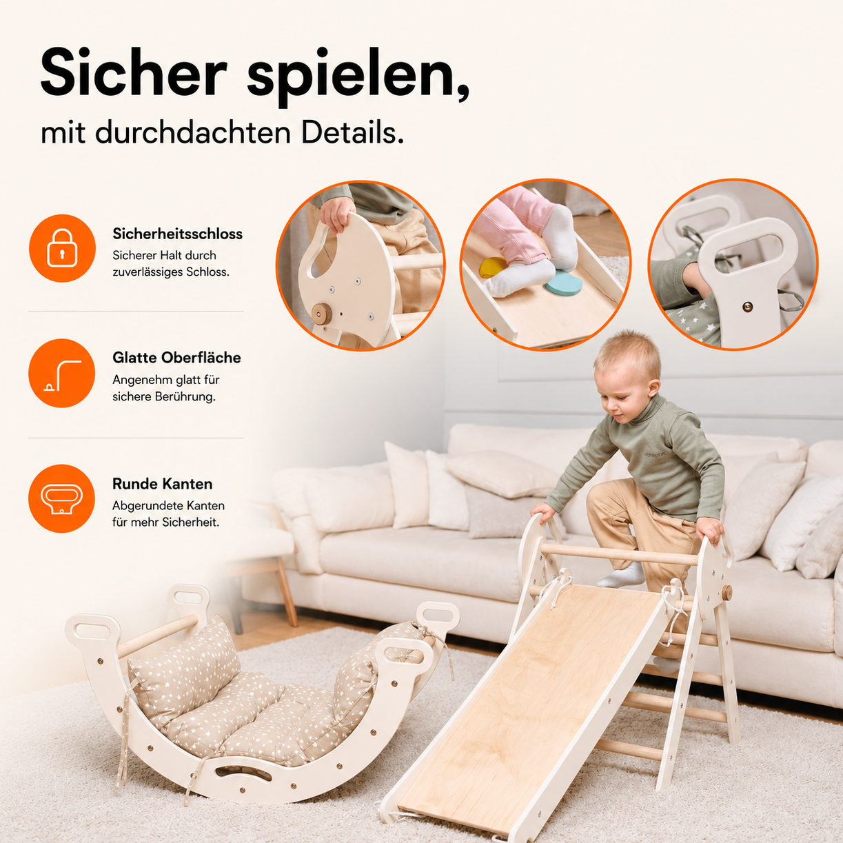 Montessori 4in1 Kletterdreieck Baby Set von Goodevas mit Pikler-Dreieck, Bogen, Rutsche und Kissen