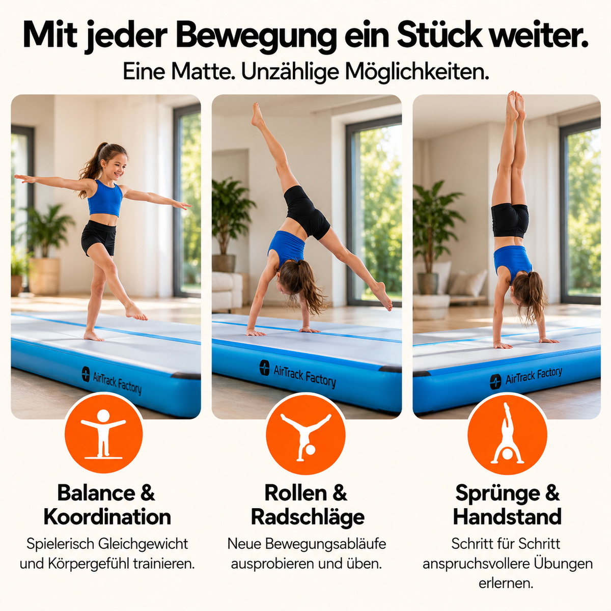 AirTrack Factory Turnmatte für Kinder – Balanceübungen, Radschlag und Handstand auf einer aufblasbaren Gymnastikmatte