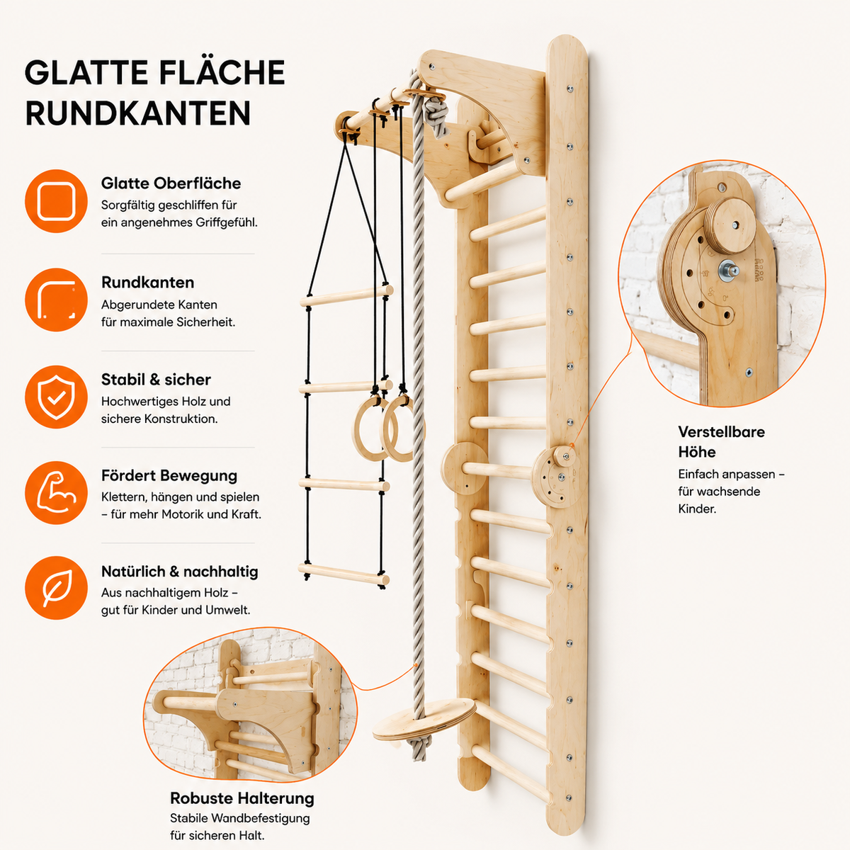 Sprossenwand mit Rutsche Schaukel und Kletterelementen im Kinderzimmer