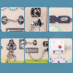 Montessori Busy - Beschäftigung Board aus Holz – Sinnesbrett mit verschiedenen Schlössern