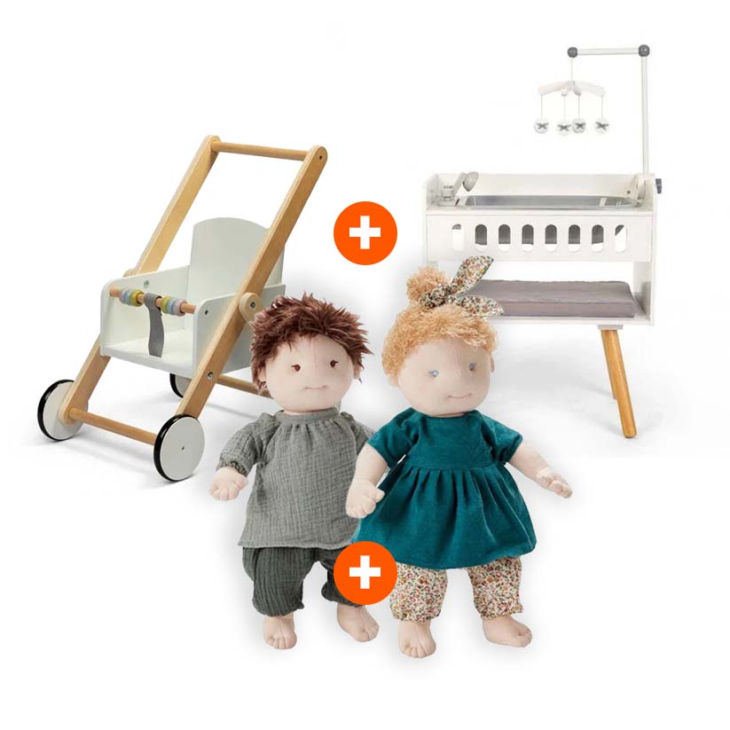 byASTRUP® Puppenspiel Kita-Set – Puppen, Wagen & Wickeltisch