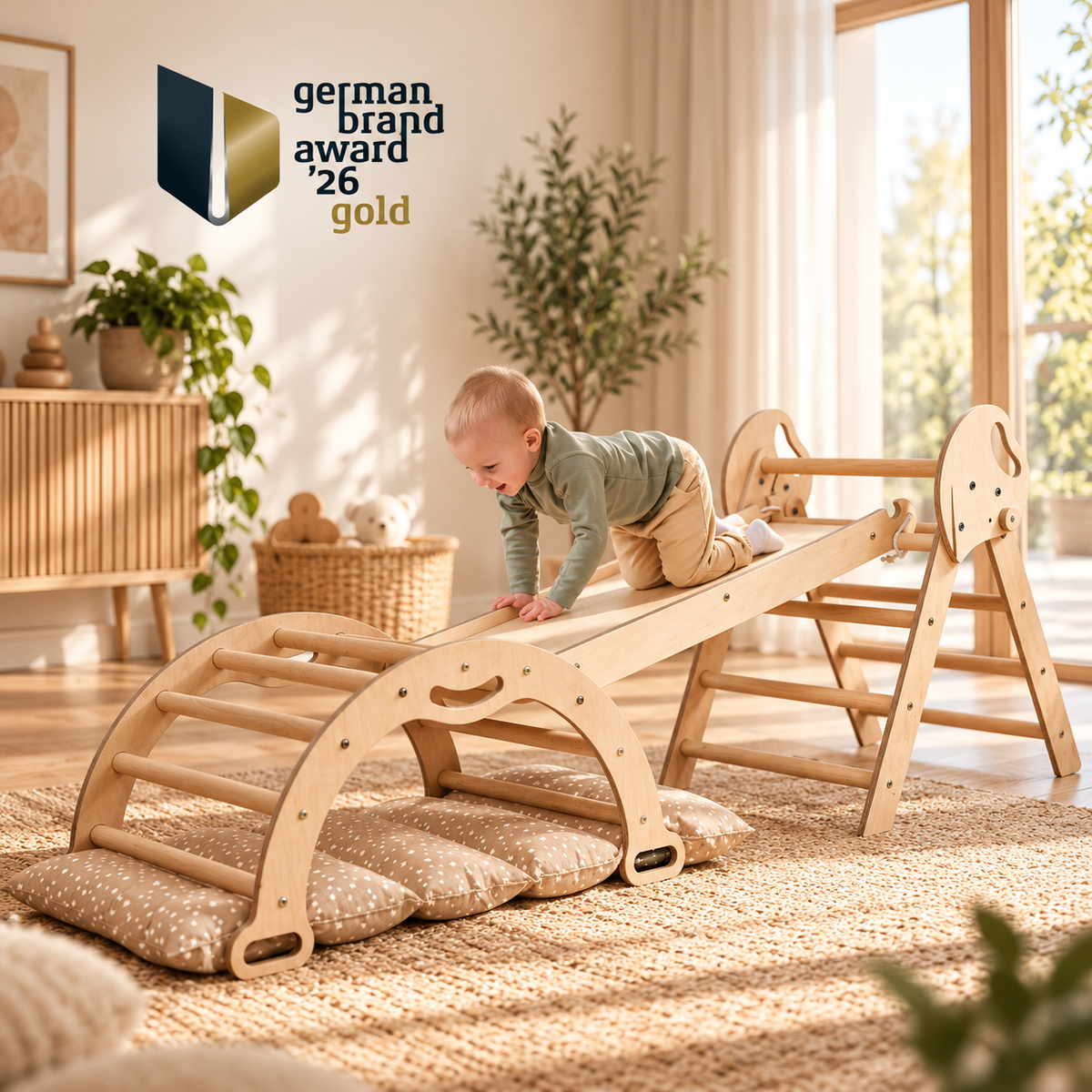 Montessori Kletterdreieck 4-in-1 mit Rutsche, Bogen & Kissen | Goodevas