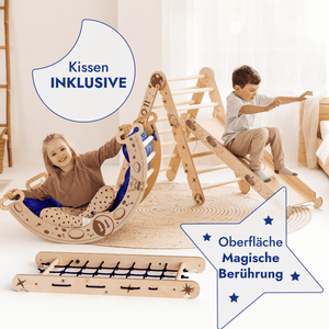 5 in 1 Kletterset Apollo: Pikler-Dreieck, Kletterbogen, Rutschbrett, Kissen und Netz