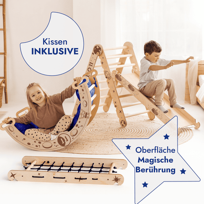 5 in 1 Kletterset Apollo: Pikler-Dreieck, Kletterbogen, Rutschbrett, Kissen und Netz