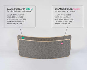 Zwei graue Balance Boards aus Holz mit Filzbespannung, Größe M und Größe S, Produktinformationen