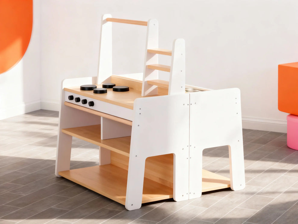CosyToys XXL Kinderküchen Set mit Spielbänken Tisch und Regalen