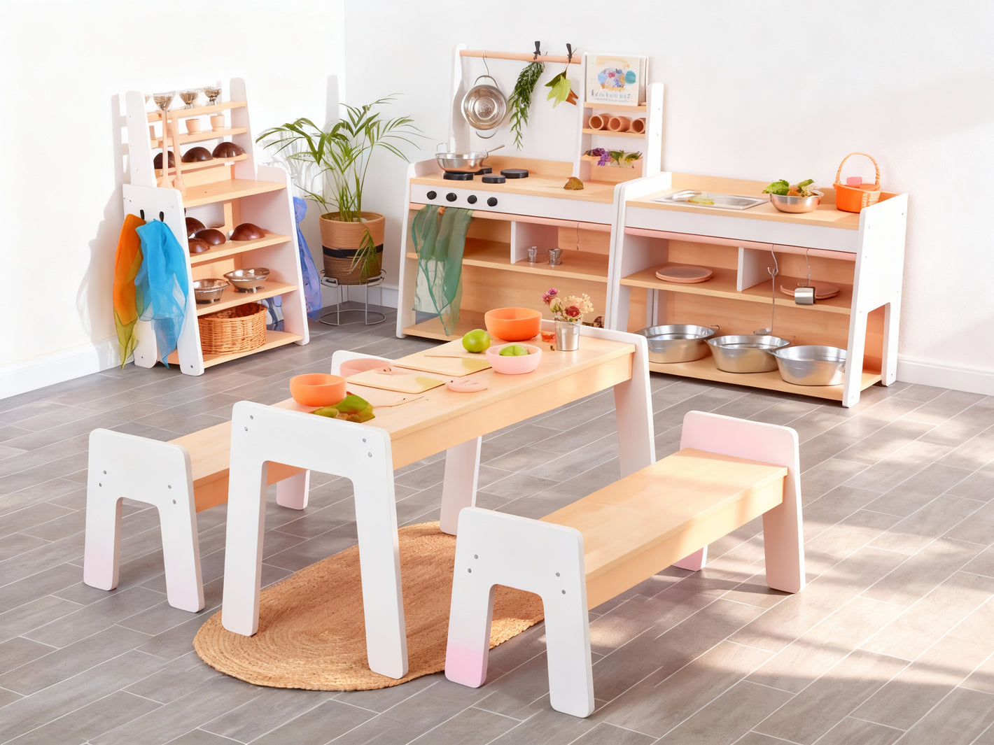 XXL Kinderküchen Set + 2× Spielbänke, Spieltisch und Regale | KITA-Qualität
