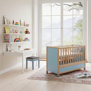 Babybett, Massivholz Buche, MDF, mit Rollen, Blau Pastell