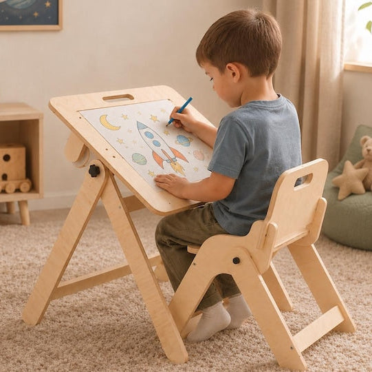leg&go klappbarer Kinder-Zeichentisch mit passendem Kinderstuhl und Papierrolle, 3-in-1 Maltafel und Aktivitätstisch