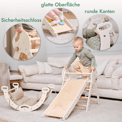 4 in 1 Kletterdreieck Babys: Pikler-Dreieck, Kletterbogen, Rutschbrett und Kissen