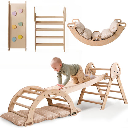 4 in 1 Kletterdreieck Babys: Pikler-Dreieck, Kletterbogen, Rutschbrett und Kissen