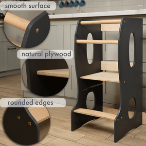 Montessori Lernturm: Mitwachsender Kinderstuhl aus Holz – Grau