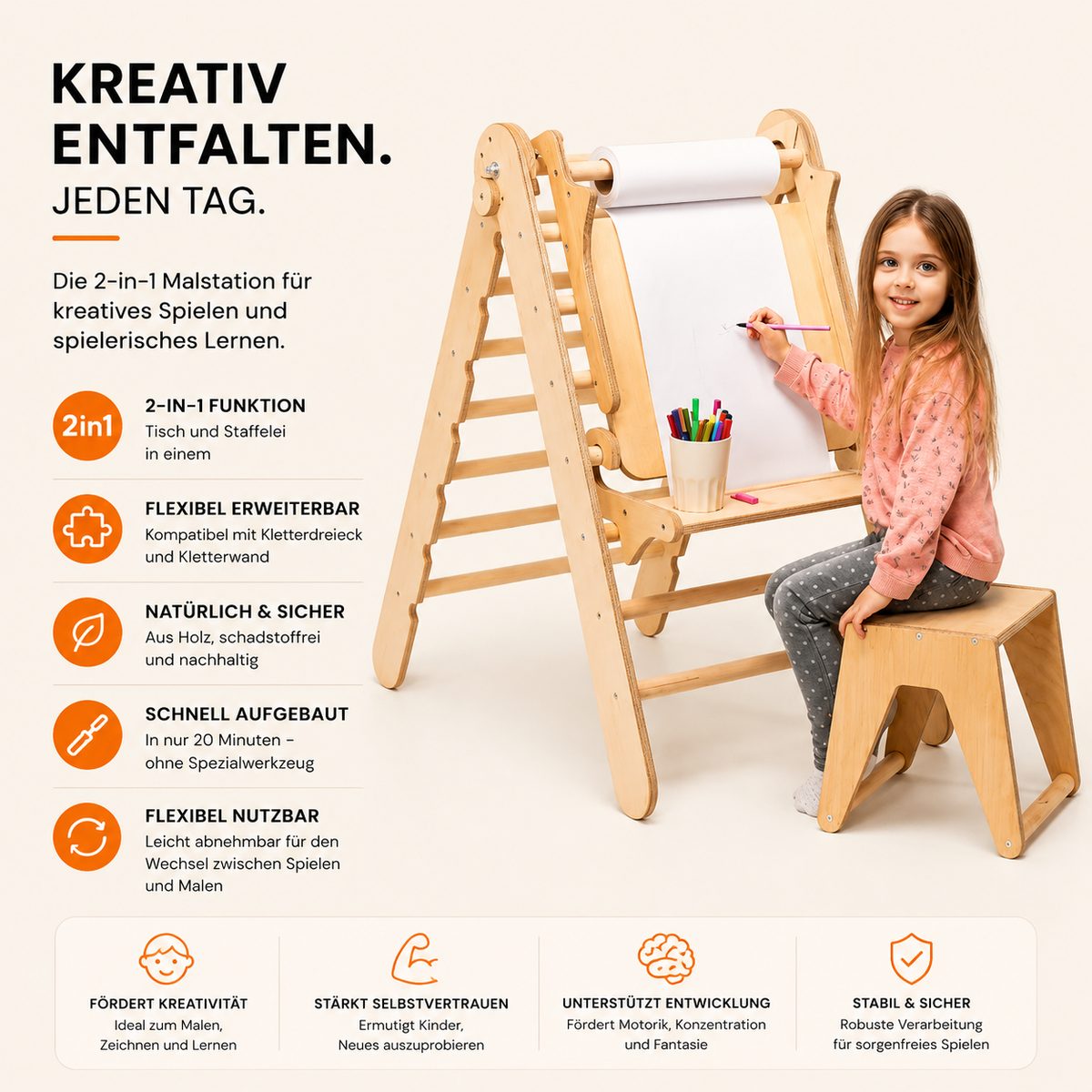 Montessori Staffelei mit Kinderstuhl als Ergänzung für Klettergerüst und Spielbereich
